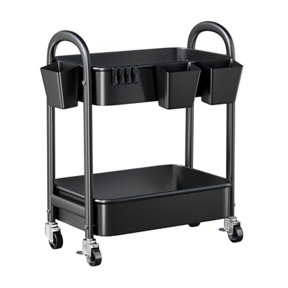 2 Tier Rolling Cart Metal on Wheels,Two Tiered Short Side Table with Wheels - color: Matte Black, size: 2 tier
