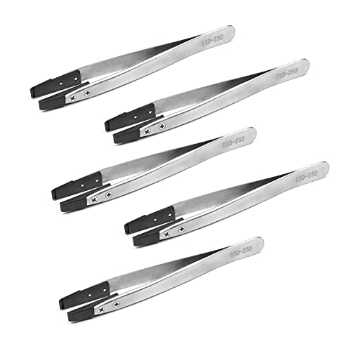 Utoolmart 5Pcs ESD-250 Precision Anti-Static Carbon Fiber Tweezers, Stainless Steel Tweezers for Craft Jewelry Electronics - color: 5pcs, size: ESD-250