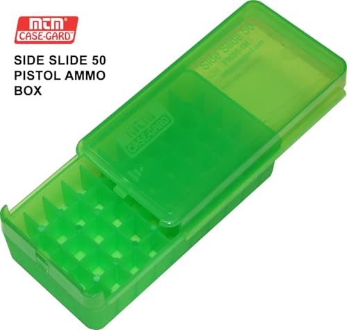 MTM Case-Gard P50SS-9M-16 Side Slide Ammo Box, 50 Round 9mm Luger 380 ACP 30 Luger 30 S Carry 32 S&W 9mm Makarov, USA Made, Clear Green - color: Clear Green