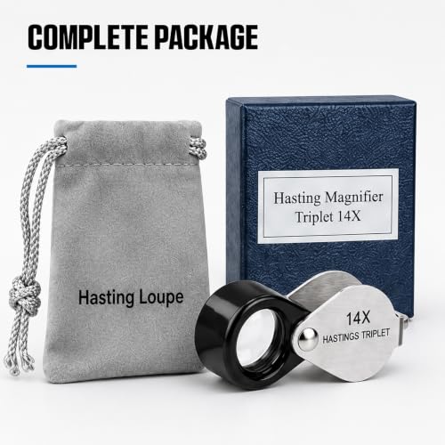 14X Hastings Jewelers Loupe, Mini Triplet Loupe with 12mm Triplet Lens, Stainless Steel Body, Foldable Design, Protective Pouch, Pocket Size Jewelry Loop Magnifier for Gemstone & Coin Collecting