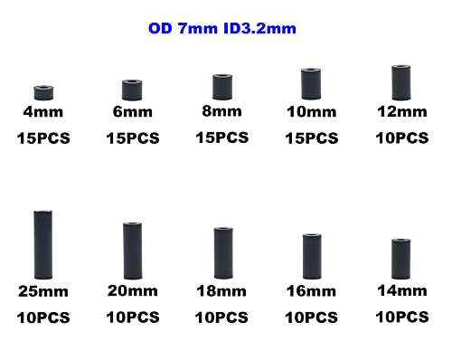 OD 7mm ID 3.2mm Black ABS Unthreaded Round Spacers for M3 Screw Kit - size: OD 7mm ID 3.2mm