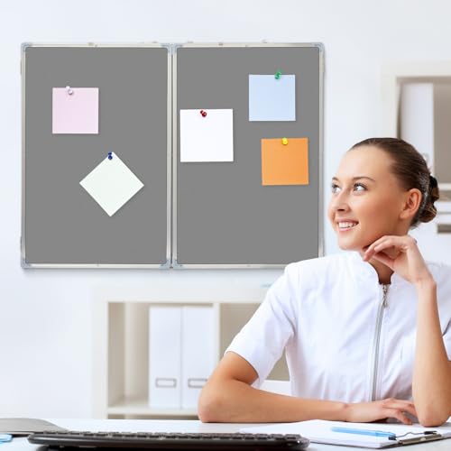 Mooliwe 72"x24" Tri-fold Fabric Board Whiteboard Combo, Foldable Combination Magnetic Dry Erase Board & Bulletin Whiteboard with Aluminum Frame Wall Mounted for Home, Office and School(Gray) - color: Grey