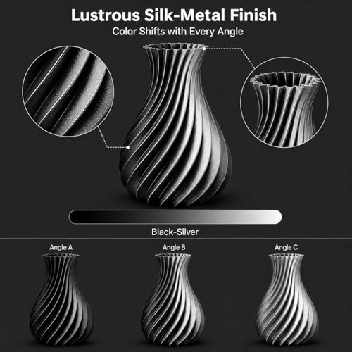 Gradient Silk PLA Filament 1.75mm, Shiny Black-Silver Metallic Dual Color, Layer-Hiding 3D Printer Filament, Accuracy +/- 0.02mm, Fits Most FDM Printers, 1kg Spool (2.2lbs) - color: Black Sliver