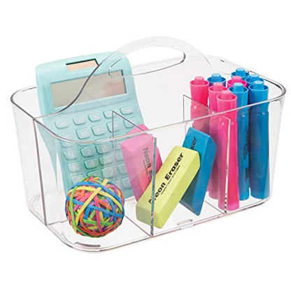 mDesign School Supplies Desk Organizer Tote for Scissors, Pens, Pencils, Notepads, Markers, Highlighters, Tape - Small, Clear