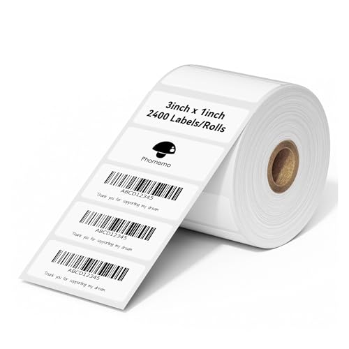 [1x2400 pcs] Phomemo 3 x 1 inch (76mm*25mm) Thermal Transfer Polypropylene Labels for Barcodes, Address, Compatible with Thermal Transfer Desktop Printers, 1 in Core 1 Rolls (White) - size: 3" x 1"