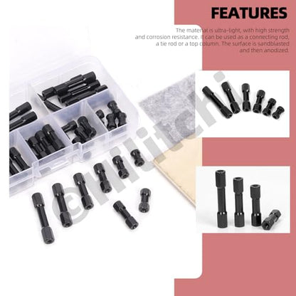 Hilitchi 48Pcs 6Sizes Hex Aluminum Standoff Spacer Column Assortment Kit Black Hexagonal Connecting Column Model Spacer Column Wide Head Column Spacer Pillar for Drone Quadcopter, DIY Models