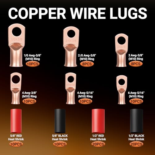 116 pcs Battery Cable Ends Kit, Copper Lugs AWG 1/0 AWG 4 AWG 2