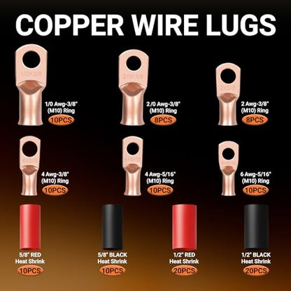 116 pcs Battery Cable Ends Kit, Copper Lugs AWG 1/0 AWG 4 AWG 2
