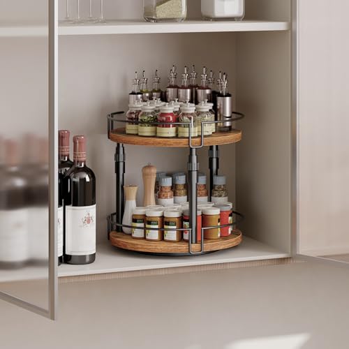 HOOBRO Lazy Susan Organizer Spice Rack, 2-Tier Height Adjustable Rotating Spice Organizer, for Kitchen Countertop and Cabinet, Rustic Brown BF05TL01 - color: Rustic Brown + Black