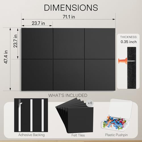 MaxGear Extra Large Bulletin Board 72" x 48", Black Felt Wall Tiles Pushpin - color: Black, size: 72" x 48"