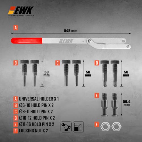 EWK Universal Camshaft Pulley Holder & Fan Clutch Removal Tool Set, Adjustable Sprocket Holding Wrench with 4 Pin Sizes for Timing Belt, Cam Gear & Pulley Service