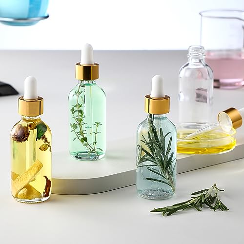 AOZITA Set of 4, 2 oz Golden Cap Clear Dropper Bottles (60ml) with 1 Funnel & 4 Labels - Glass Tincture Bottles for Essential Oils with Eye Droppers - Leak Proof Travel Bottles for Liquids - color: Clear with Eye Droppers