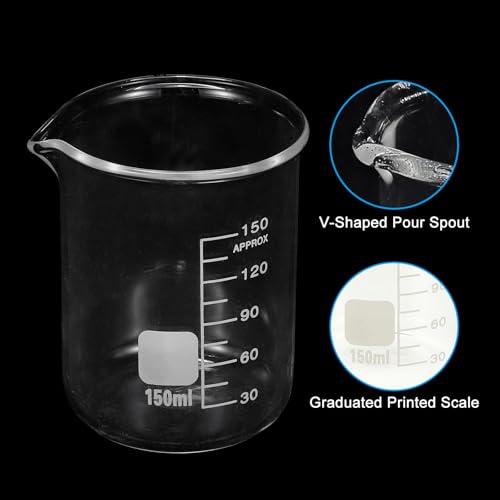 PATIKIL 150ml Glass Beaker, 2 Pack Measuring Glass Beaker Graduated Borosilicate Lab Cups Mug Low Form Heat Safe Transparent with Spout Label for Laboratory Science Kitchen Liquids - size: 150ml