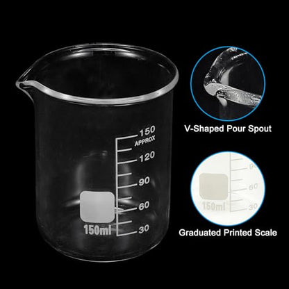 PATIKIL 150ml Glass Beaker, 2 Pack Measuring Glass Beaker Graduated Borosilicate Lab Cups Mug Low Form Heat Safe Transparent with Spout Label for Laboratory Science Kitchen Liquids - size: 150ml