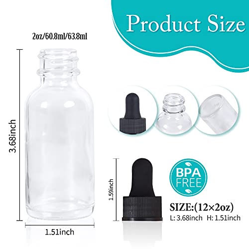 2 oz Dropper Bottle 12 Pack Clear Glass Boston Bottles 60ml with Eye Droppers Black Caps for Essential Oils, Perfume, Leak Proof Travel Bottles for Liquids - color: Clear, size: 2 oz, 12 pack