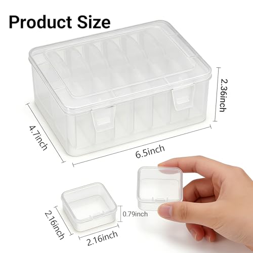 15 Pcs Plastic Storage Box Set, Clear Hinged Lid Organizing Case with 14 Inpendent Small Containers, Mini Transparent Craft Supply Caddy for DIY Perler Beads Jewelry Home Organization - color: Clear