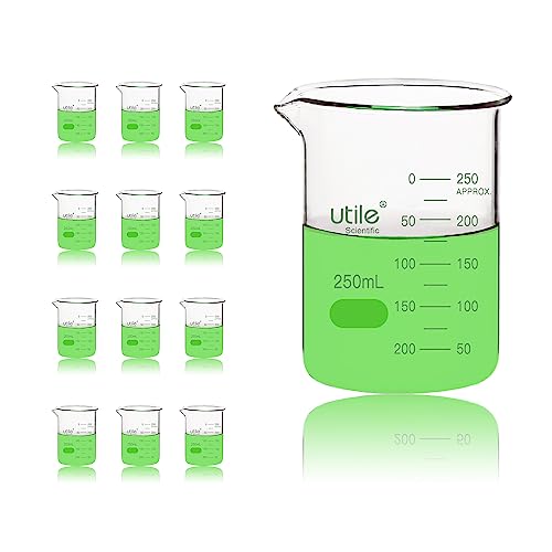 Utile 12 Pcs Glass Beaker Set, Vol.250ml Beakers, Glass Beaker with Double Scale Printed Graduation, 4000.0250.12-X - style: 12 pcs of 250ml