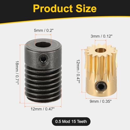 uxcell Worm Gear Set 15T 0.5 Module 15:1 Reduction Rate, Right Rotation Drive Gear Box Wheel Reduce Transmission Part (Brass Gear-3mm Bore, #45 Steel Rod 5mm Bore) - size: Gear-3mm, Rod-5mm Bore, style: 0.5M-15T