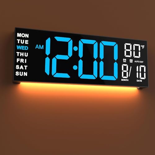 JALL 16" Large Digital Wall Clock with Remote, Back to School Classroom, Gift for Student Teacher, Big LED for Seniors, Auto Dimming, 8 RGB Colors, Night Light, Timer, Temperature for Living Room - color: Blue White, size: 16 inches
