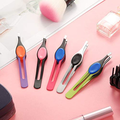 Chumia 5 Pieces Non-Slip Grip Tweezers Slanted Tip Stainless Steel Tweezer Wide Precision Tip Clip Tweezer for Ingrown Hair Eyebrow Shaping Splinter Blackhead Remover (Colorful Rubber Grip)