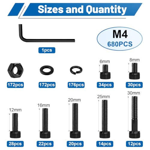 680PCS M4 Socket Head Bolts Assortment Kit, M4x6/8/12/16/20/30mm Screw - size: G12.9 M4 680PCS