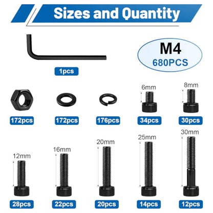 680PCS M4 Socket Head Bolts Assortment Kit, M4x6/8/12/16/20/30mm Screw - size: G12.9 M4 680PCS
