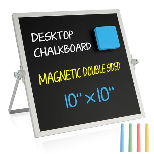 Small Magnetic Chalk Board Easel 10"X10", Double-Sided Tabletop & Wall Hanging Chalkboard with 4 Chalks & Eraser, Desktop Mini Black Board Sign for Office Desk Home Menu and School - size: 10" x 10"
