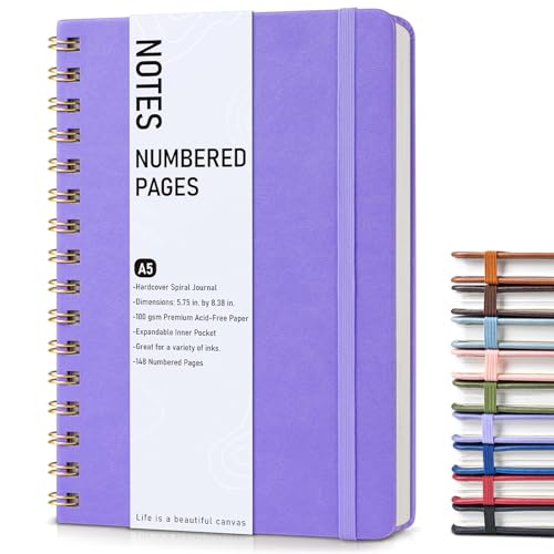 Lined Spiral Journal Notebook, A5 Hardcover Spiral Journals for Women Men, 150 Numbered Pages Spiral Bound Notebook, 100 GSM College Ruled Notebooks for Writing Note Taking 5.75" x 8.38", Purple - color: Purple