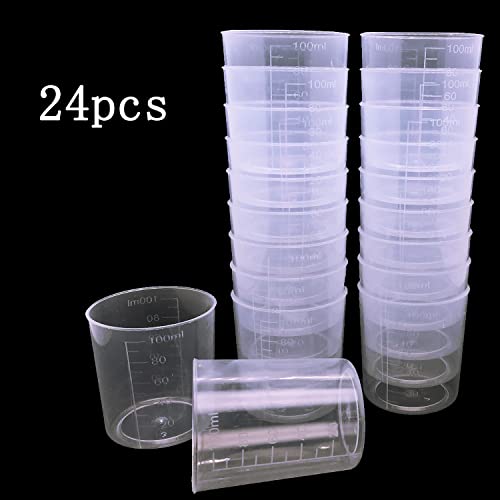 24 Pcs Clear Scale Cups, 100ml/3.4oz Plastic Graduated Cups with 50 Pcs Wooden Stirring Sticks for Epoxy, Resin, Stain, Mixing Paint (Pack of 2) - size: Small (Pack of 2)