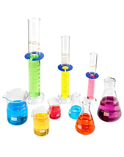 QWORK Lab Glassware Set, Beaker Flask Cylinder Set, 9 Pieces - Includes 3 Erlenmeyer Flasks, 3 Beakers, & 3 Grade A Graduated Cylinders - Borosilicate 3.3 Glass