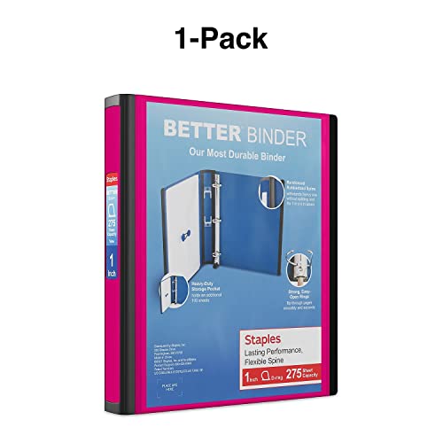 Staples Better View 1-Inch D-Ring Binder, Pink, 275 Sheets - color: Pink, size: 1-Inch