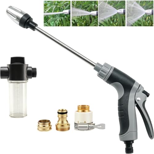 High Pressure Hose Nozzle with 4 Spray Modes, Adjustable Water Spray Gun, Metal Garden Hose Sprayer for Car Wash, Plant Watering, Patio & Outdoor Cleaning (Sprayer Kit with 3 Connectors & Foam Cannon) - color: Long Type