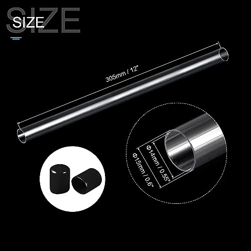 PATIKIL Clear Rigid Tube Round Plastic Tubing with Black Rubber Caps Polycarbonate Water Pipe, 305mm/ 12 Inch Length, 14mmx15mm/0.55"x0.6", 2 Set - color: Black,Clear, size: 0.55"x0.6"