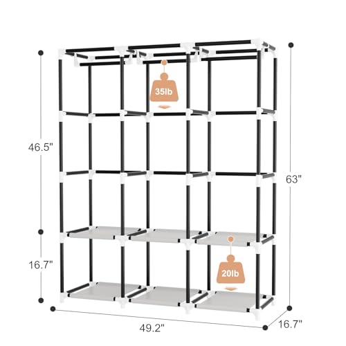Portable Closet with Cover, 3 Hanging Rods and Side Pocket, Sturdy Free Standing Closet, Grey - color: Grey, size: 3 Row - 49.2'' Wide