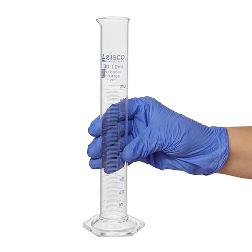 Graduated Cylinder, 100ml - Class A Tolerance ±0.50ml - Hexagonal Base - Blue Graduations - Borosilicate 3.3 Glass - Eisco Labs - size: 100mL