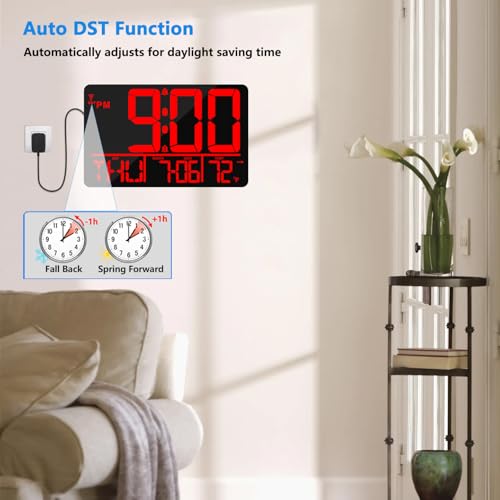 13" Bluetooth Auto Sync Wall Clock - Large Digital Alarm Clock with Remote - style: Red Numbers