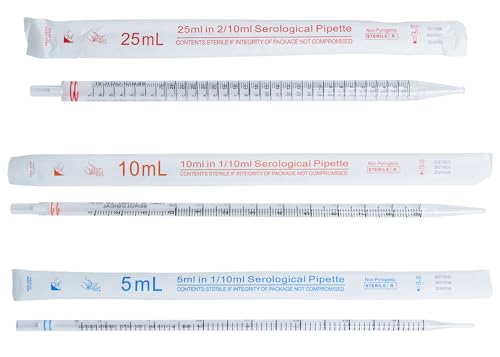 5mL Serological Pipettes, Individually Wrapped, Sterile, RNase/DNase-Free, Polystyrene, Graduated, Disposable, Color-Coded, Universal Fit – Pack of 50 PCS - size: 5mL