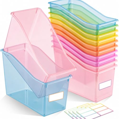 Geetery 12 Pcs Plastic Book Bins for Classroom, Translucent Pastel - color: Translucent Pastel