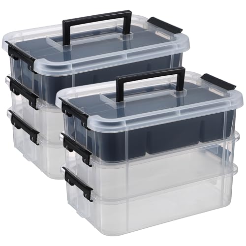 JUXYES 3-Tiers Plastic Stack Carry Storage Containers Box wih Handle Lids - color: Black
