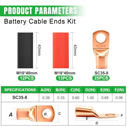 Twidec/25PCS AWG 2 Copper Wire Lugs Battery Cable Ends SC35-8,Ring Terminals Connectors,Copper Ring Terminals,Battery Terminals Connectors Kits with Heat Shrink - color: 26PCS