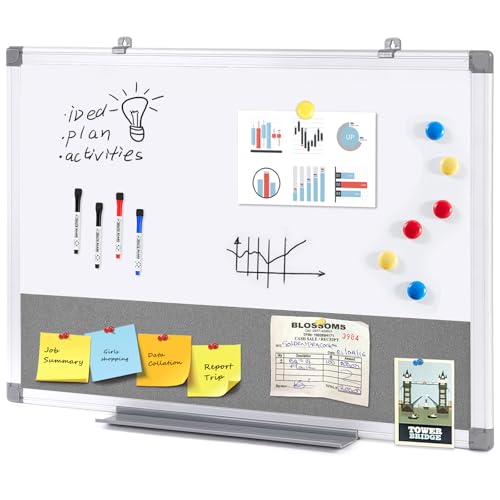 SWANCROWN Magnetic White Board and Bulletin Cork Board Combo 24 x 18 Inches - color: Grey-horizontal, size: 24"W x 18"H