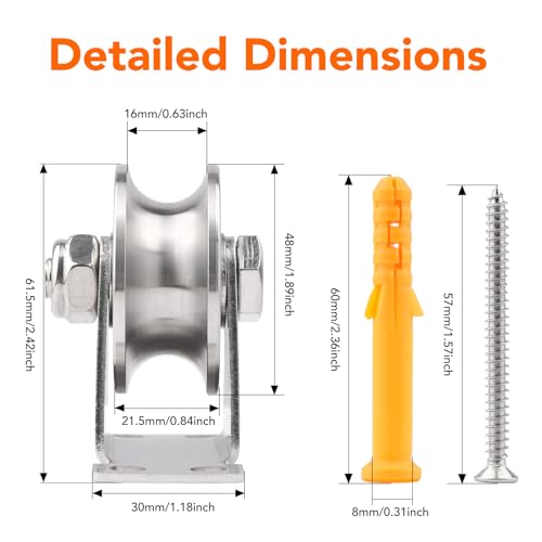 2PCS Groove Wheel Pulley, 304 Stainless Steel Pulley Blocks, Wall Mount Cable Pulley Wheel Duplex Bearings, Screws for DIY Gym Equipment Sliding Rolling Gate, Loading 850 lbs (48mm) - size: 48mm 2PCS