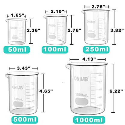 ONiLAB Glass Measuring Beaker Set 50ml 100ml 250ml 500ml 1000ml(Pack of 5) - style: 50/100/250/500/1000ml