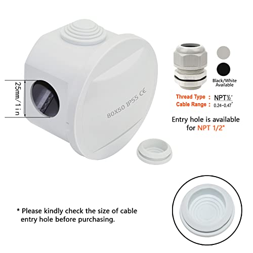 LeMotech Junction Box, ABS Plastic IP55 Water Resistant and Dustproof, Universal Electrical Enclosure, Outdoor and Indoor Project Box D3.1 x H2.4 inch (D80 x H60 mm) - size: D3.1" x H2" (1pc)