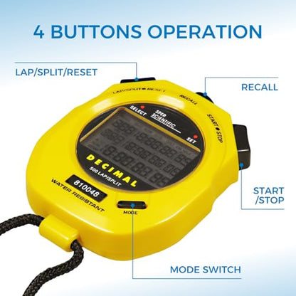 Sper Scientific Stopwatch, Water Resistant, Decimal Display and Multi-Split Stop Watch Timer for Sports, Coaches, Industrial Workers, and Trainers