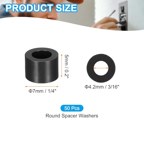 PATIKIL 50Pcs ABS Spacers 4mm ID, 7mm OD, 5mm Height Plastic Round Stud Spacer Black Nylon Washers Nut Unthreaded Rubber for M4 Screws Bolts Barrel - size: 4mm ID, 7mm OD, 5mm Height