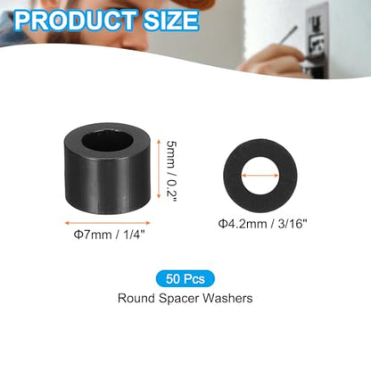 PATIKIL 50Pcs ABS Spacers 4mm ID, 7mm OD, 5mm Height Plastic Round Stud Spacer Black Nylon Washers Nut Unthreaded Rubber for M4 Screws Bolts Barrel - size: 4mm ID, 7mm OD, 5mm Height