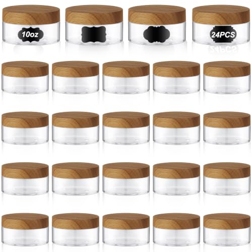 24 Pack 10 oz Clear Cosmetic Jars with Dark Natural Wood Lids and Labels - color: Clear with Dark Wood Lid, size: 10 oz