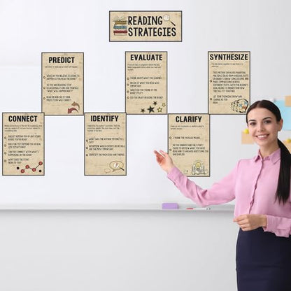 Outus 13 Pcs Reading Strategies Posters Classroom Decorations Reading Bulletin Board Posters Elementary Educational Wall Prints Library Decorations for Middle High Schools Teacher Supplies(Retro) - style: Retro