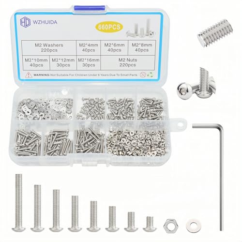 660 Pcs M2 Screws Assortment Kit, M2x4mm/6mm/8mm/10mm/12mm/16mm, Metric Hex Button Head Socket Cap Screws Nuts Washers Kit with Wrench, 304 Stainless Steel - size: M2 660 Pcs
